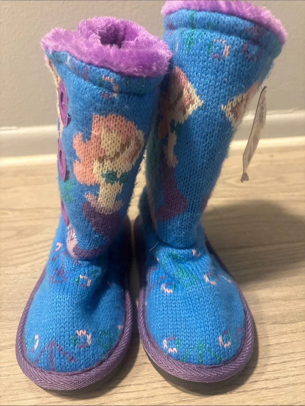 Kids Original Mukluks Blue and Purple Button-Up Winter Boots with Mermaid Design